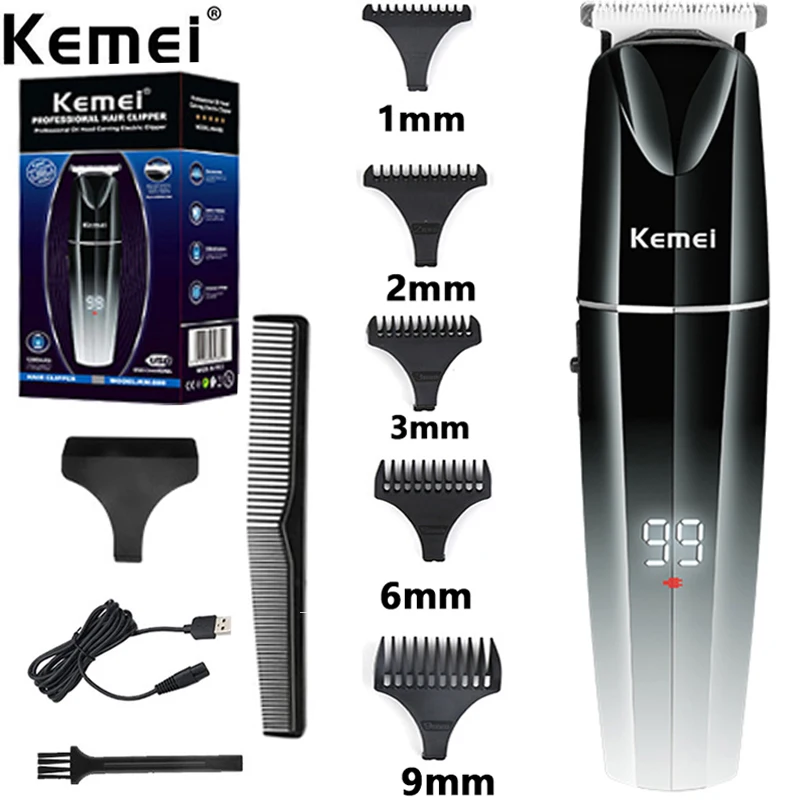 Kemei Cordless Hair Trimmer Professional Ceramic T Blade Clipper LCD Display Rechargeable Men Hair Cutting Fresh Fade Low Noise