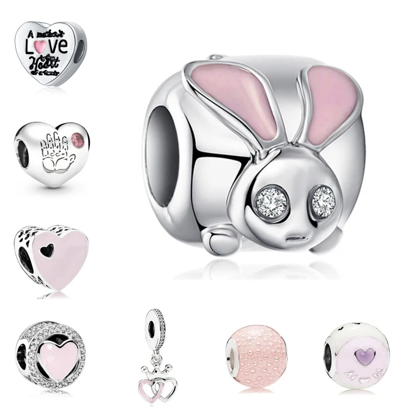 ใหม่ชุดสีชมพูหัวใจเสน่ห์ลูกปัดสำหรับ Pandora กำไลพวงกุญแจสร้อยคอ DIY kado untuk Ibu เครื่องประดับวันแม่