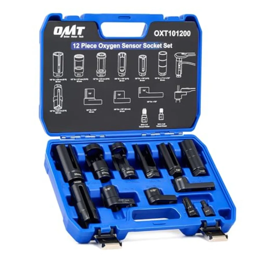 

12pc Oxygen Sensor Socket Set, O2 Sensor Removal Tool and Thread Chaser Set with 22mm 27mm 29mm 7/8" 1-1/16" Sockets 1/2" 3/8"