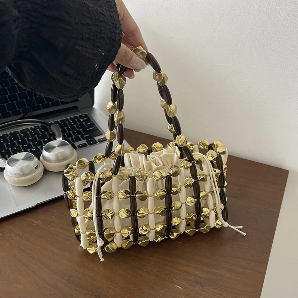 Retro Hollow Beaded Handbag Hand Woven Wood Bead Top Handle Bag Rectangle Shape Drawstring Inner Pocket Womens Stylish Purse