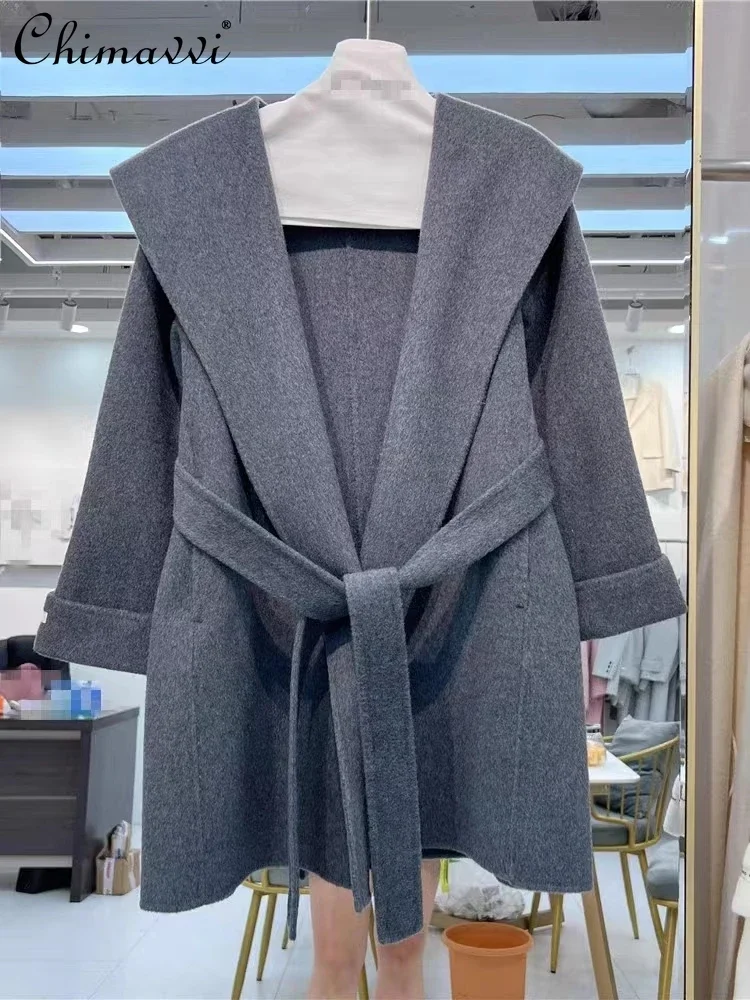 Autumn and Winter New Korean Fashion Belt High-end Coat Mid-length Wool Woolen Loose Elegant Women's Double-sided Woolen Coat