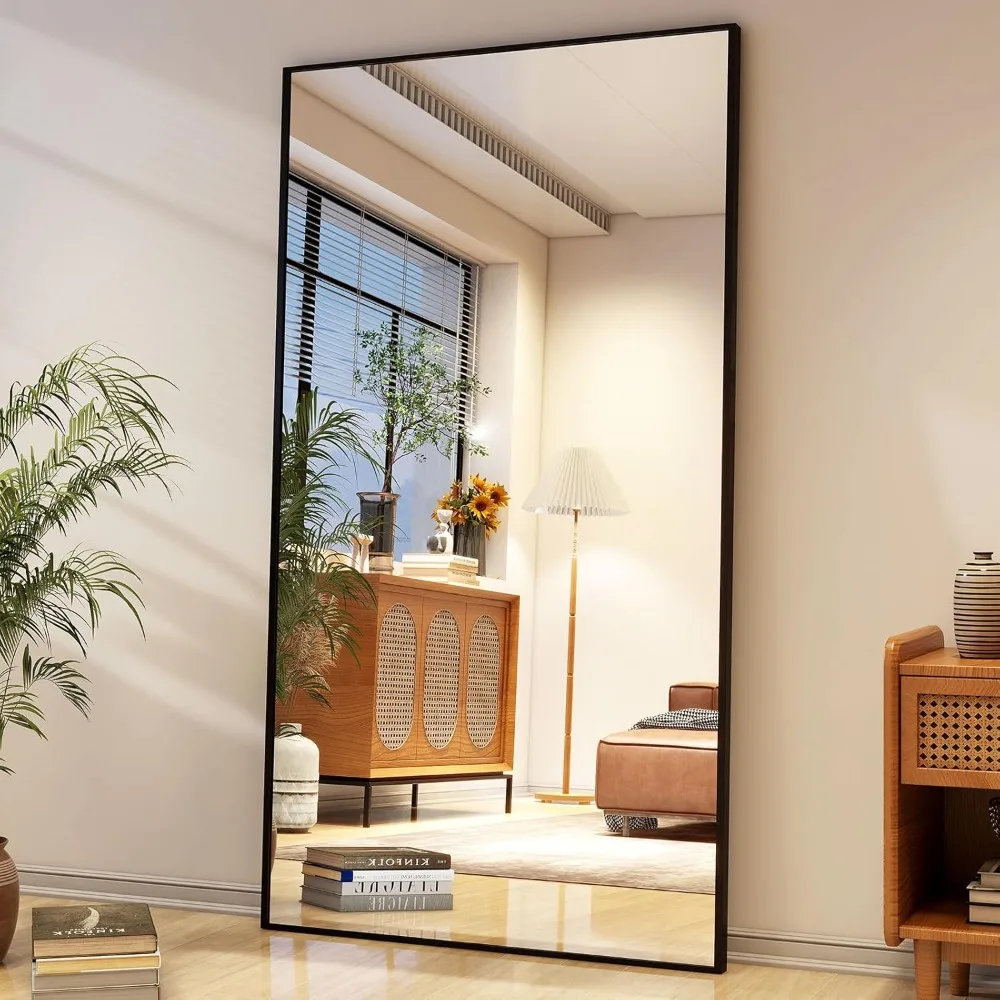 Espelho de comprimento total de 34 "x 76" com suporte, espelho de chão retangular grande para quarto, sala de estar ou armário, montado na parede ou independente