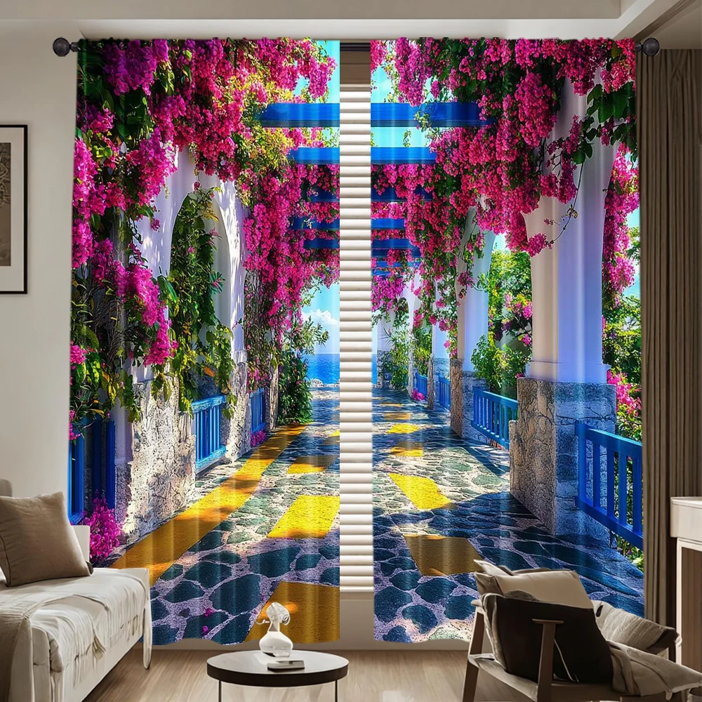 Floral Path Scenery Print Drapes Room Darkening Window Curtains for Home Decor,Rod Pocket Blackout Curtains Bedroom