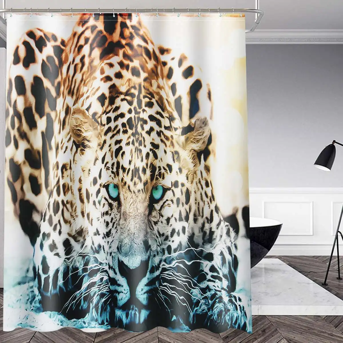 4Pcs Leopard Pattern Shower Curtain+Pedestal Toilet Seat Mat+Bath Mat + Lid Waterproof Polyester Bathroom Kitchen Fabric w/Hooks