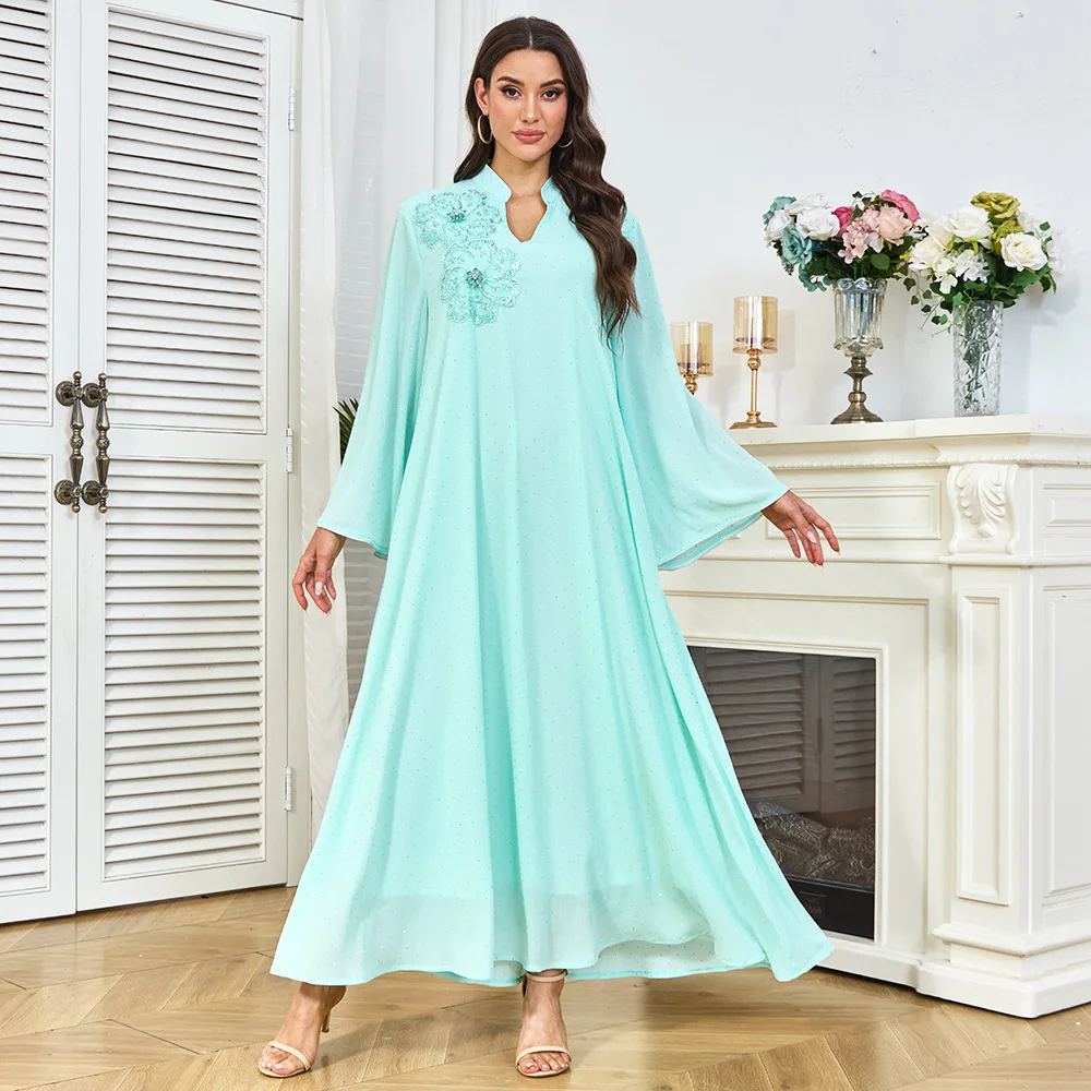 

Ethnic Style Rhinestone Dress Long Sleeve Small V-neck Beaded Appliqué Loose Long Dress Party Evening Gown Robe Islam Elegant