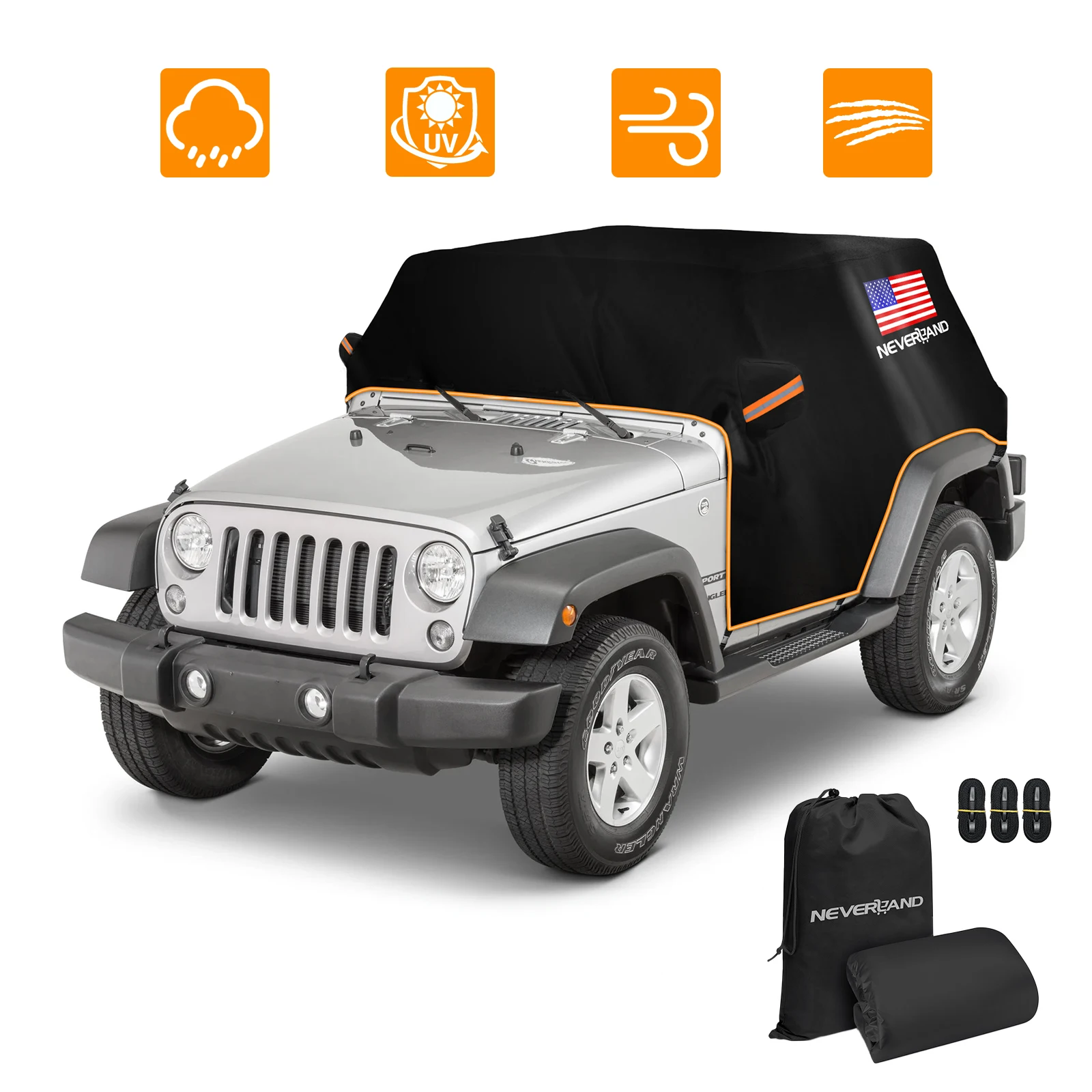 NEVERLAND Car Covers Outdoor Waterproof Half Auto Protector with Reflective Strip 3 Windproof Straps Cab Cover for 2007-2026 Jeep Wrangler JK JL 2 Door