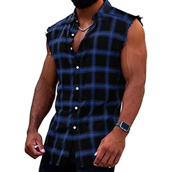 Camisa alta grande sem mangas masculina, estampa xadrez casual, fivela, colete de lixamento, roupa de treino, moda verão, 2024