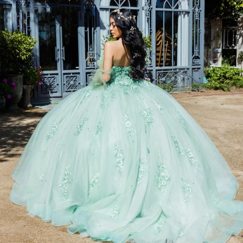 Green Wedding Dress Evening Quinceanera Dress Ball Gown Lace Applique Tie Straps Corset Sexy Dresses Sweet 16 Pageant Dress