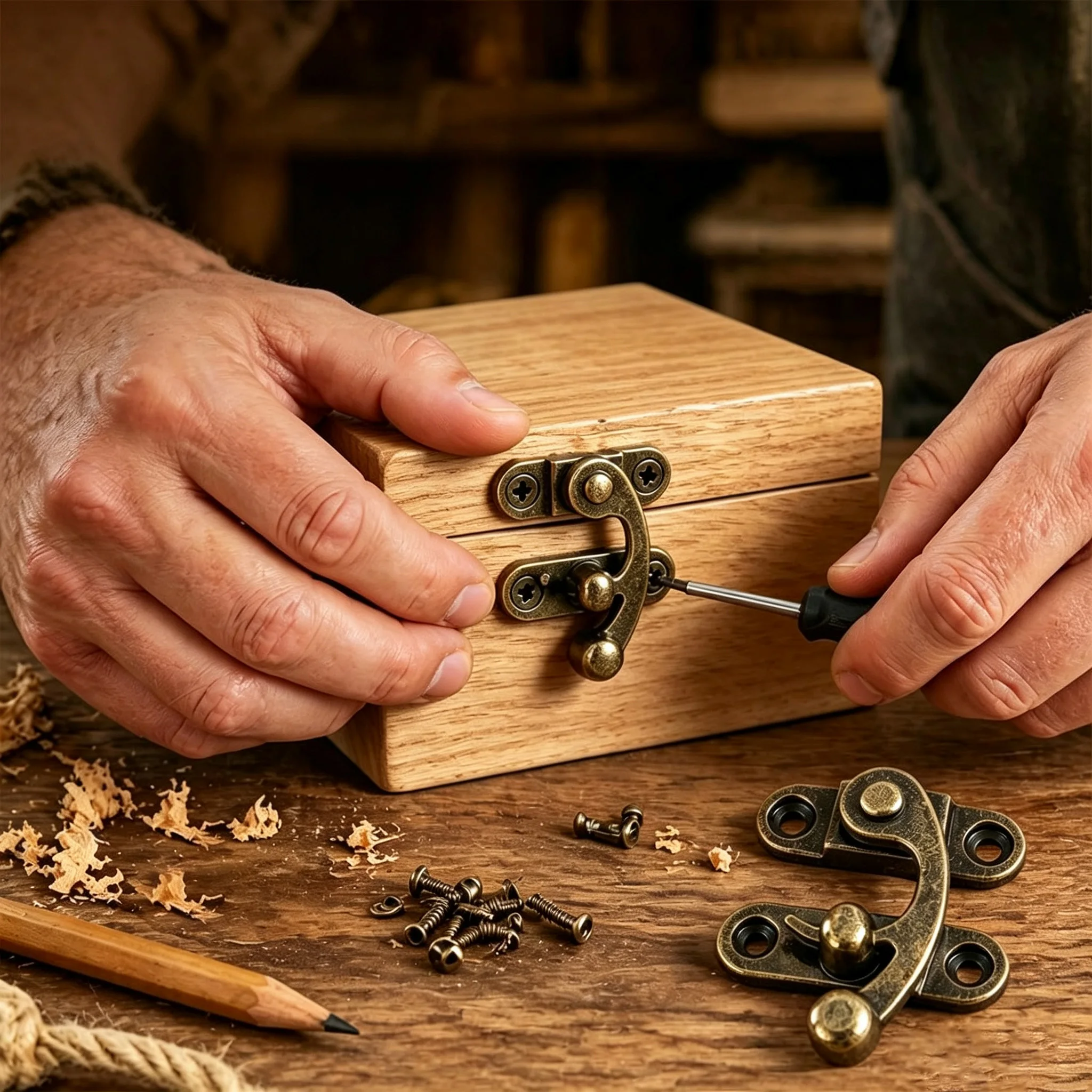 Retro Antique Right Latch Hook and Vintage Bronze Hinge with Matching Screws Kit for Decorative Cabinet Small Wooden Box Project