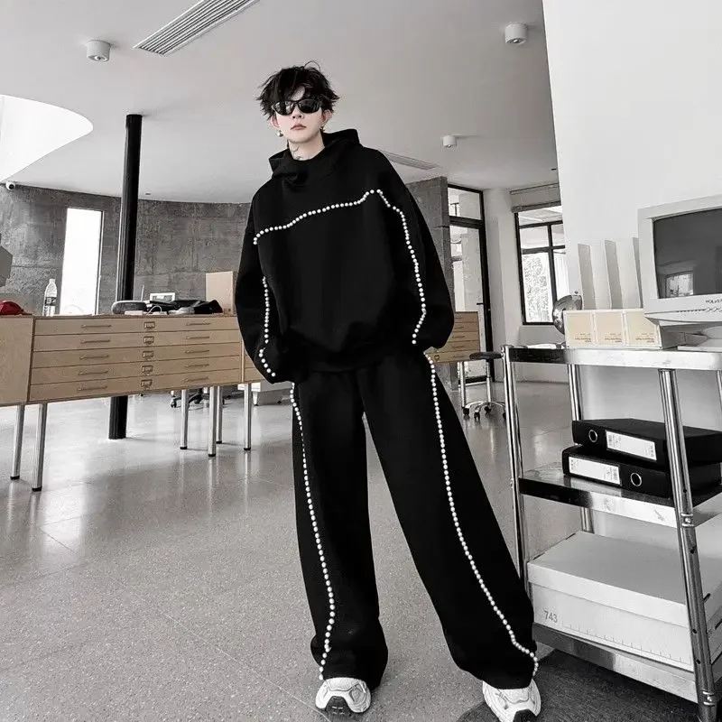 2024 Autumn Clothes Niche Handmade Beaded Hooded Sweatshirt Suit Men's Handsome High-end Wide-leg Trousers Two-piece Trendy Set