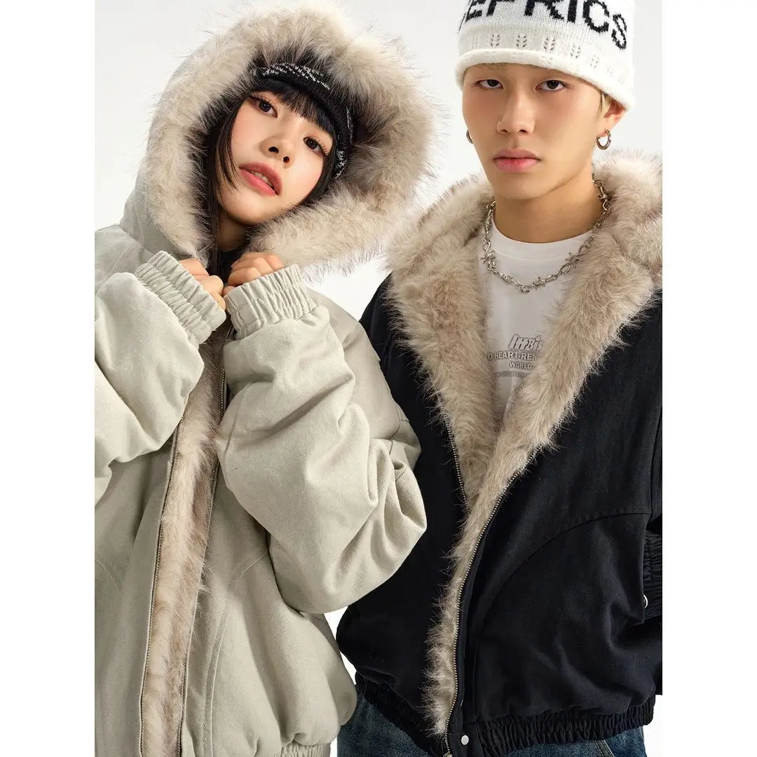 

Winter Plush Collar Jacket for Men American Retro Hip-hop Cleanfit Warm Men Clothing Parkas Couple Streetwear Zipper Coats