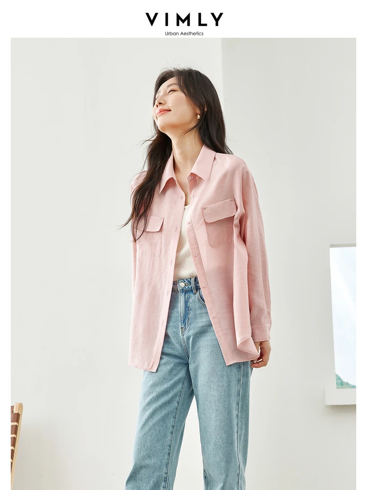 Vimly Pink Simple Button Up Thin Shirt Casual Loose Lapel Women's Blouse 2024 Spring Solid Drop Sleeve Tops for Women M5323