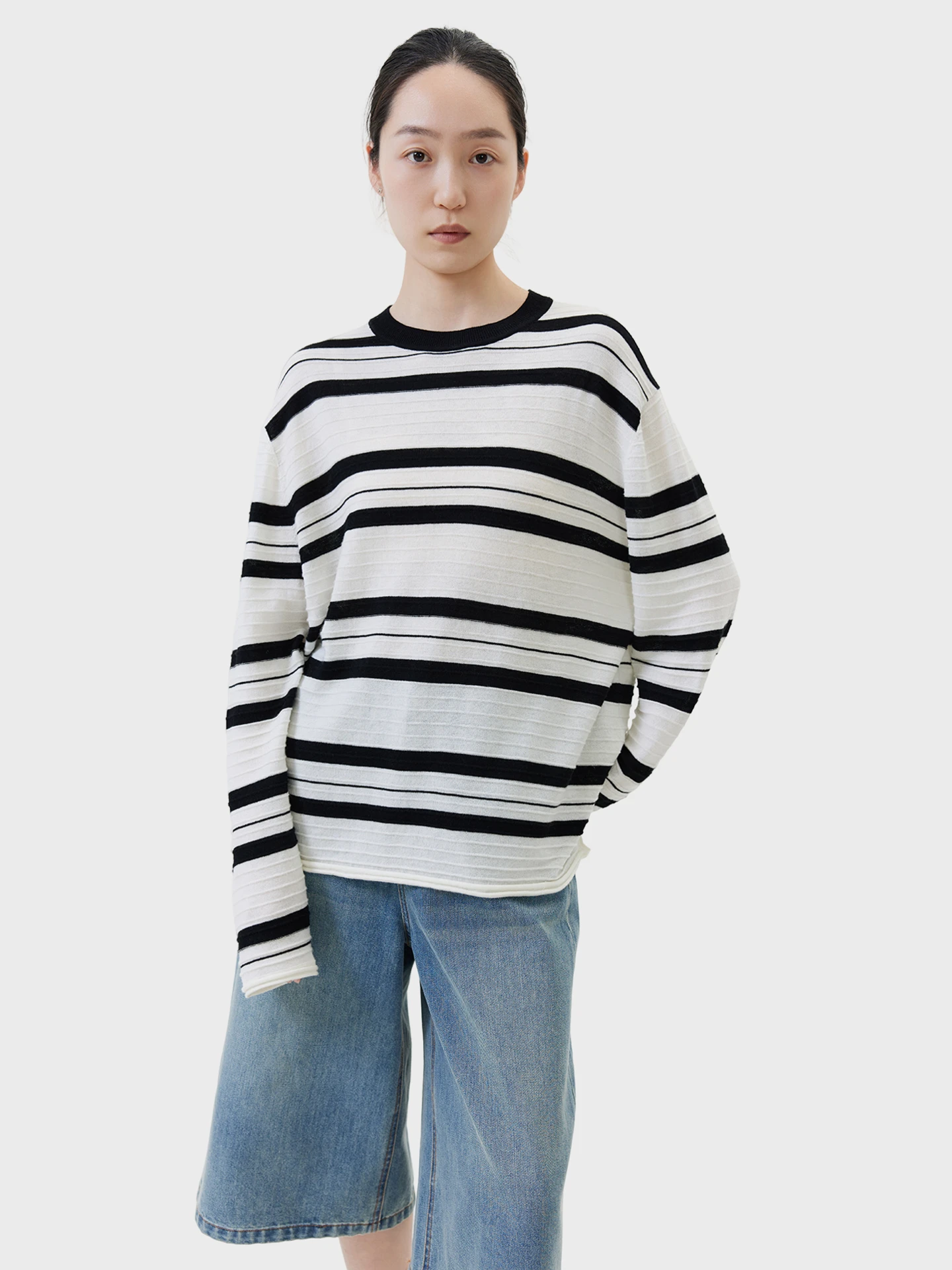 

Soft Wool Acetate Stripe Knitted T-Shirt Women's Loose Fit Long Sleeve round Neck Pullover Spring Regular Thickness
