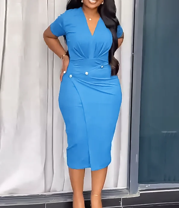 

2025 V-Neck Fake Two-Piece Design Dress, Summer Women's Solid Color Waist Cinching Casual Slimming Commuting Bag Hip Dress