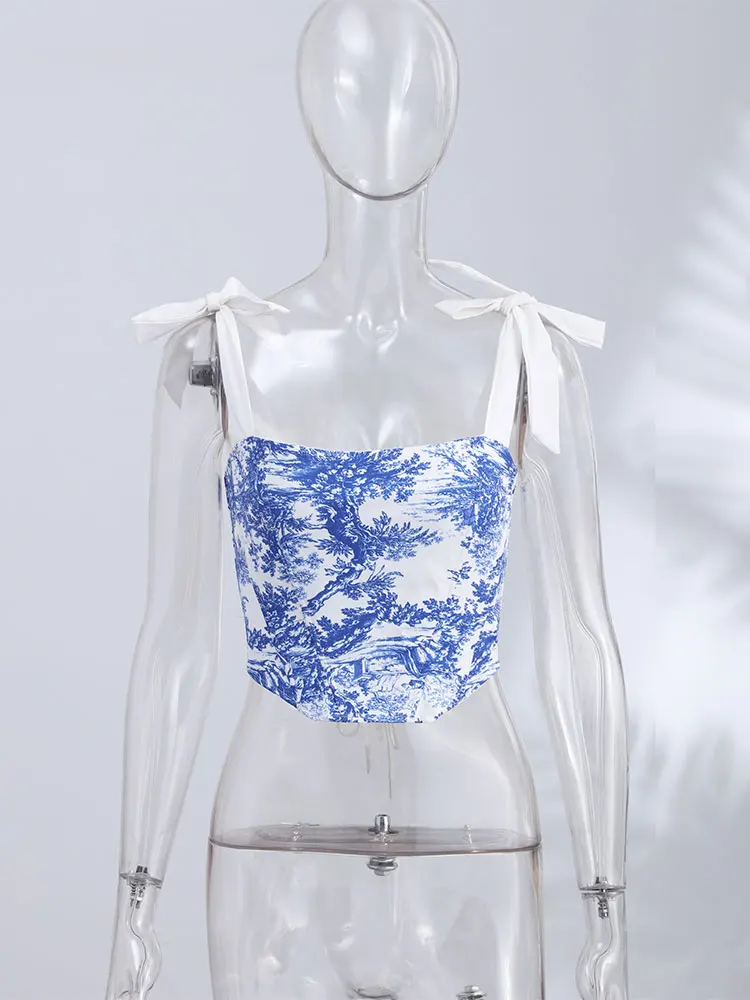 Bedruckte Schnür-Korsett-Tops für Damen, sexy, trägerlos, ärmellos, rückenfrei, schmal geschnitten, unregelmäßiger Saum, kurzes Top, neu, Partykleidung – Detail 4