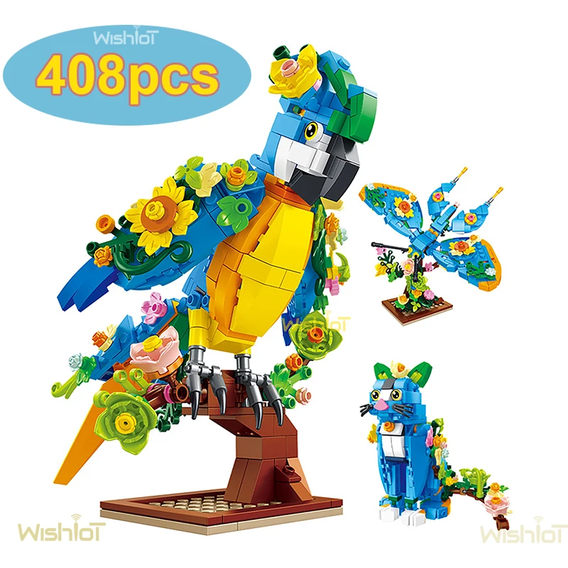 3 IN 1 Parrot Bird Model 408pcs Butterflies Cat 3 Transform Building Block Sets MOC Animal Creative Toys For Kids Boys Gift