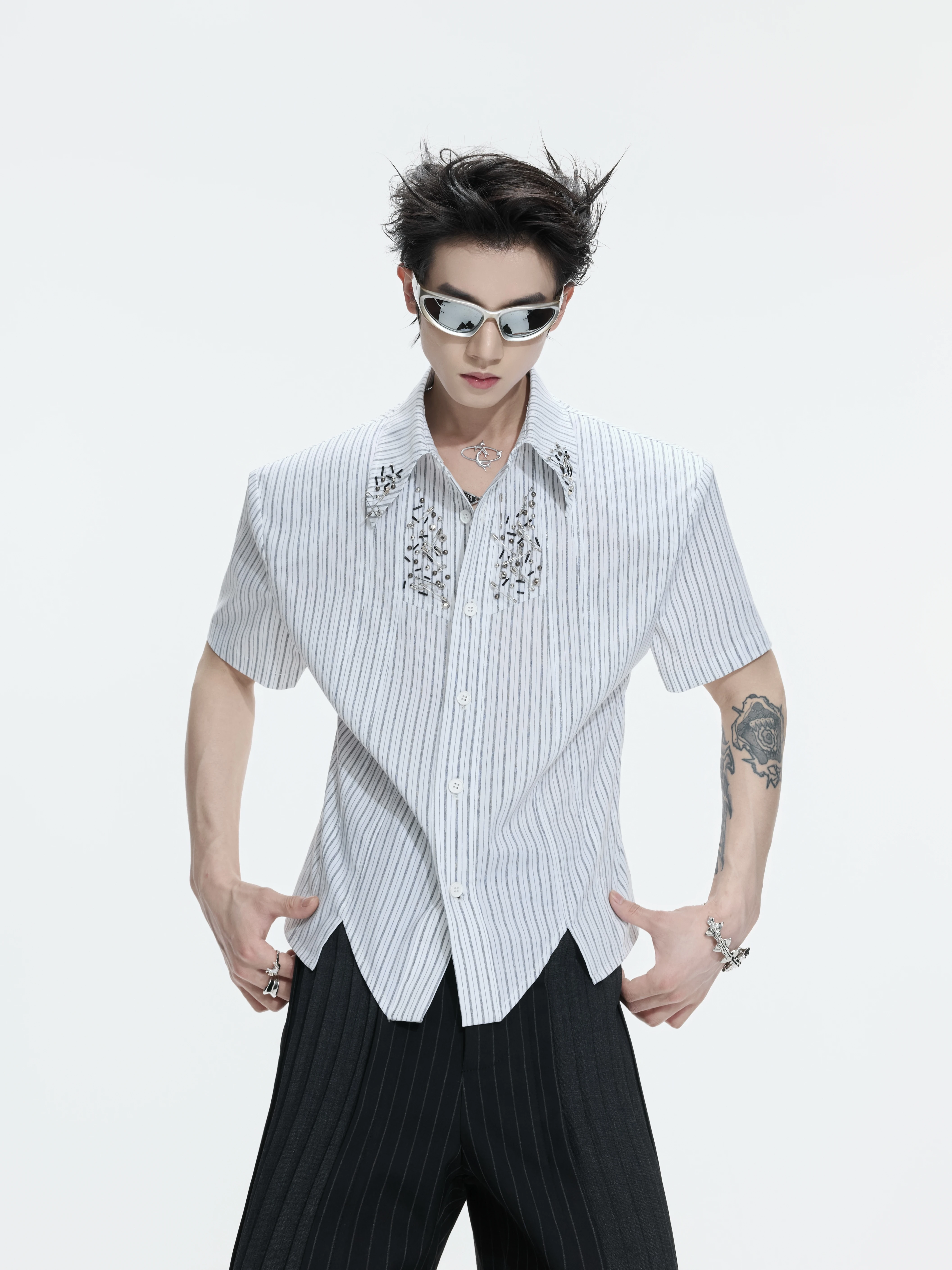Argue Men's Short Sleeve Shirt Stand Collar Patchwork Striped Regular Fit Summer Casual Gothic Style Youthful Trend Summer