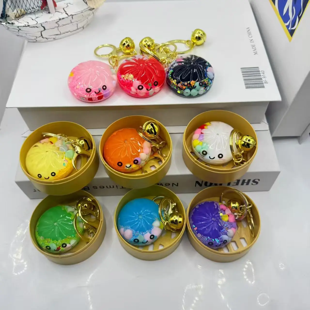 New style colorful facial expression bun simulation Cha siu bao children's key chain small cage bun toy pendant