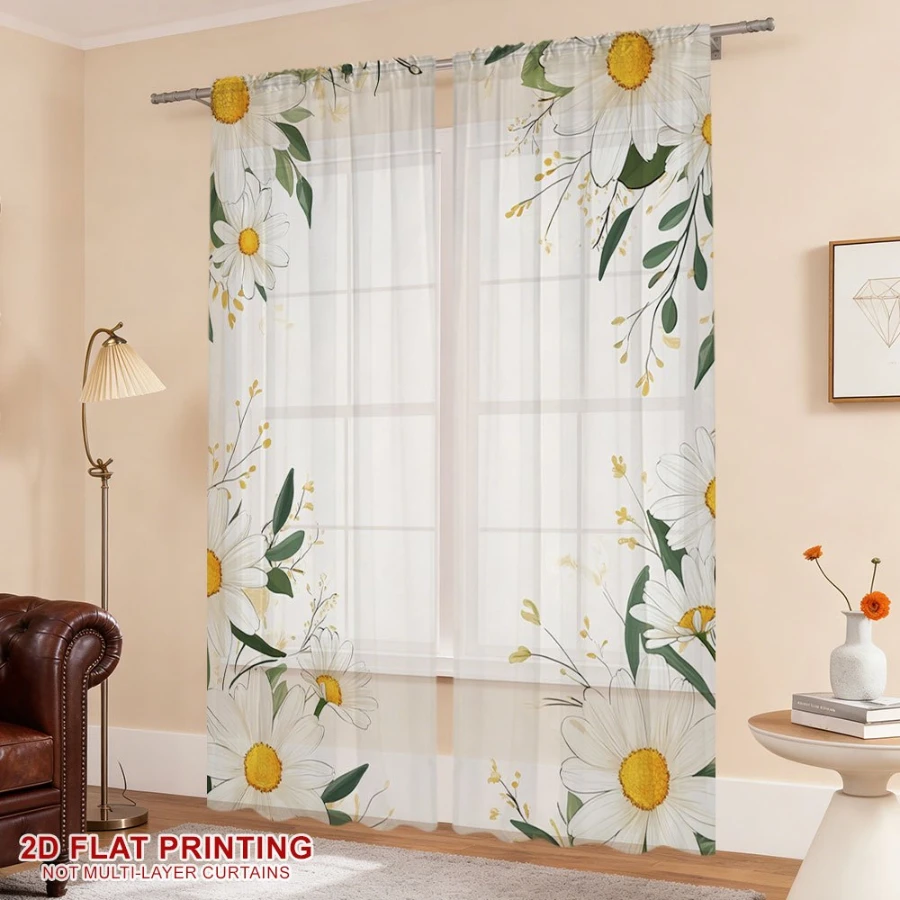 2PCS Digital Printed Sheer Curtain, Daisy Floral Border Print, Charming Vintage Rustic for Living Room Bedroom Home Decor - view 5