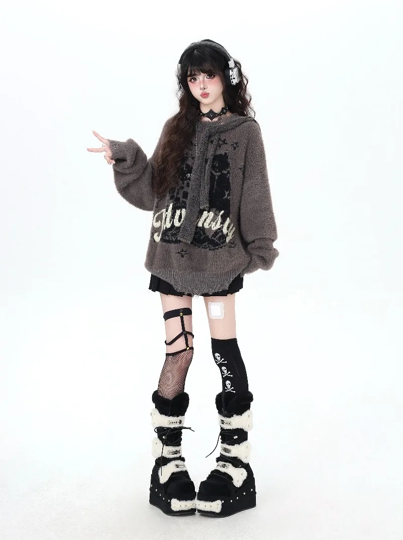 انفصال قبعة النمط الأمريكي فو فرو المنك تريكو أعلى الرجعية تصميم فضفاض لينة مريحة سترة البلوز المرأة لاعبا