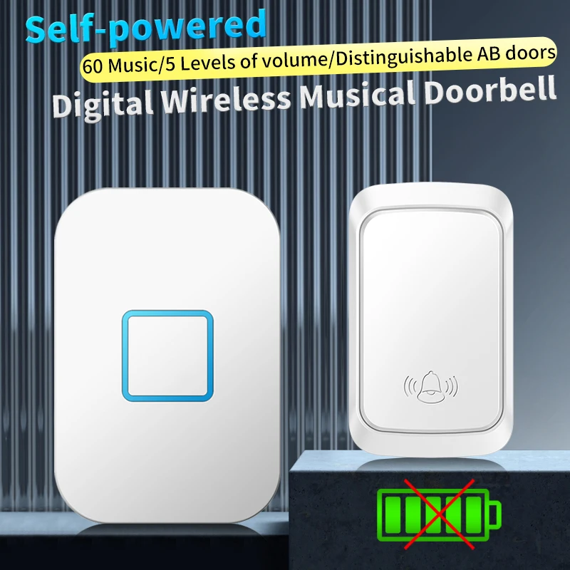 

CACAZI Wireless Outdoor Doorbell Waterproof No Battery Required Self-Powered Door Bell Sets Home Outdoor Kinetic Ring Chime Door