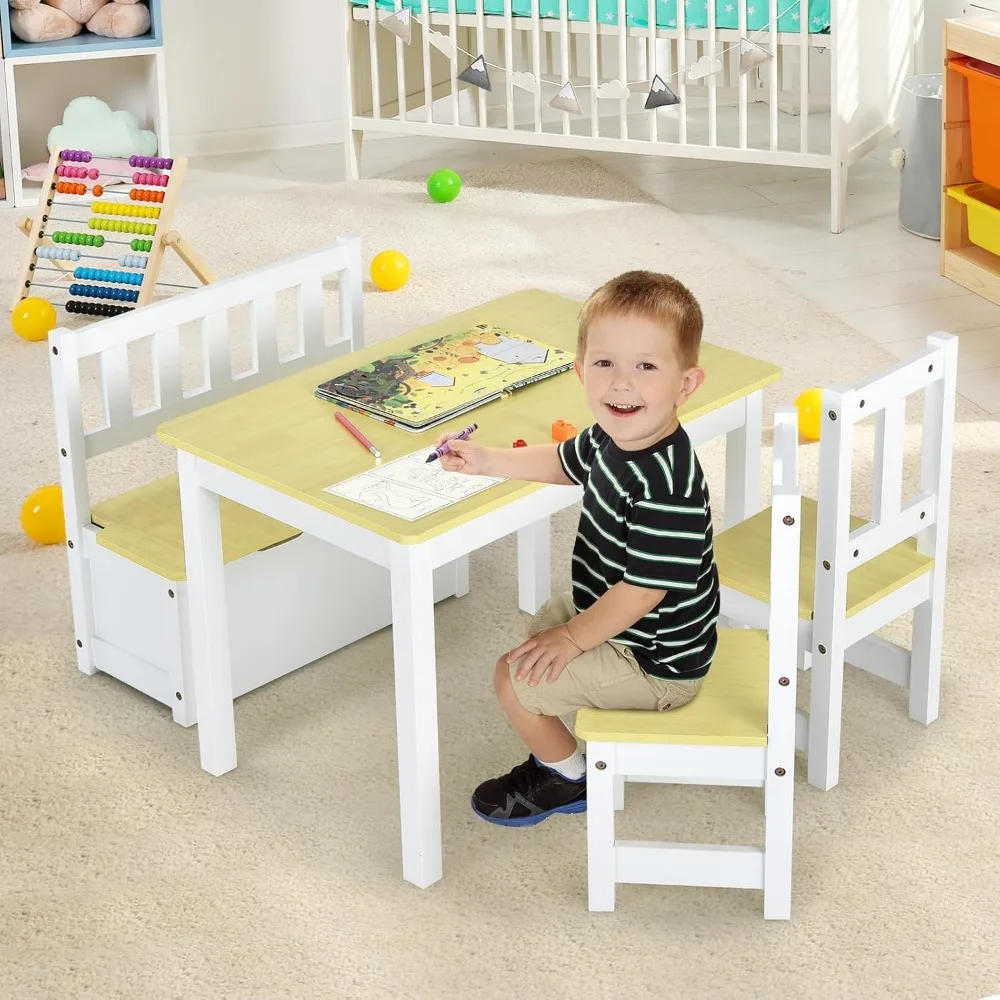 Juego de mesa y sillas para niños 2 en 1, mesa de actividades de madera con banco de almacenamiento de juguetes y 2 sillas para niños de lectura, artes y manualidades