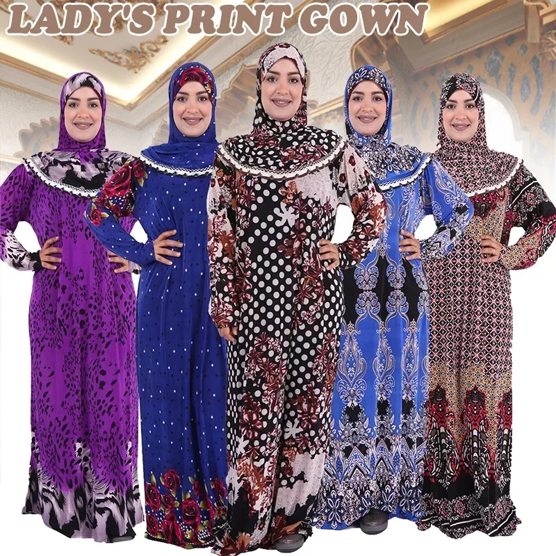 Ropa Hijab musulmana para mujer, bata estampada árabe, caftán de Dubái, Turquía, vestido Maxi de oración de manga larga, bata Abaya islámica