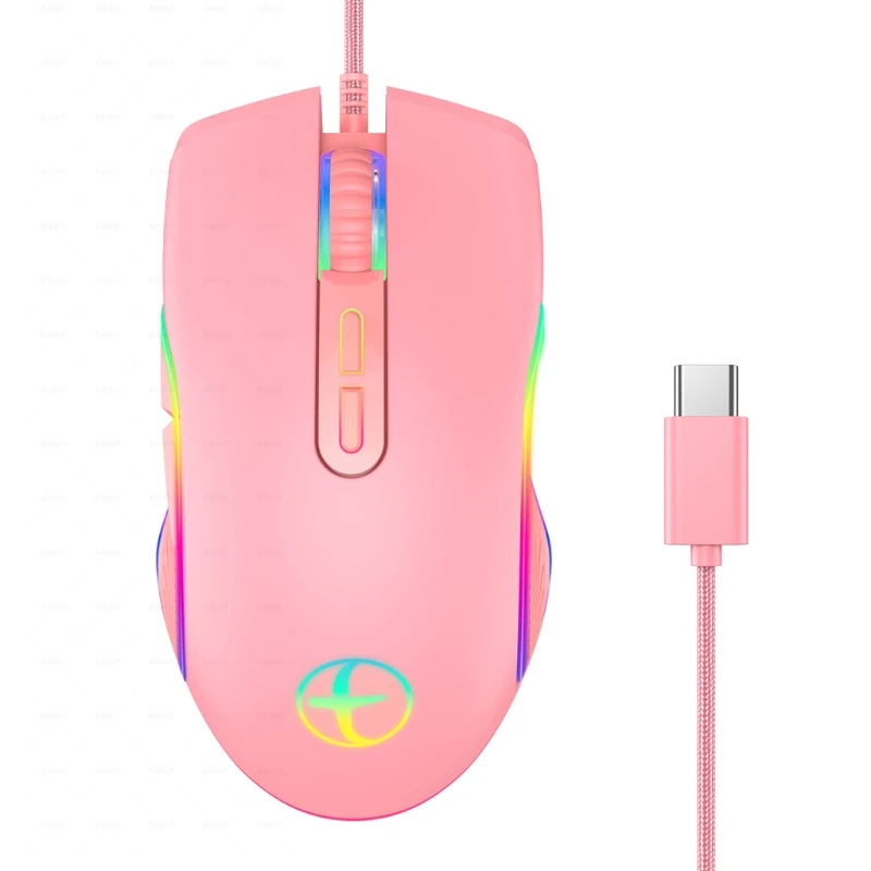 Mouse óptico com fio USB trançado com luz RGB tipo 3200DPI para computador