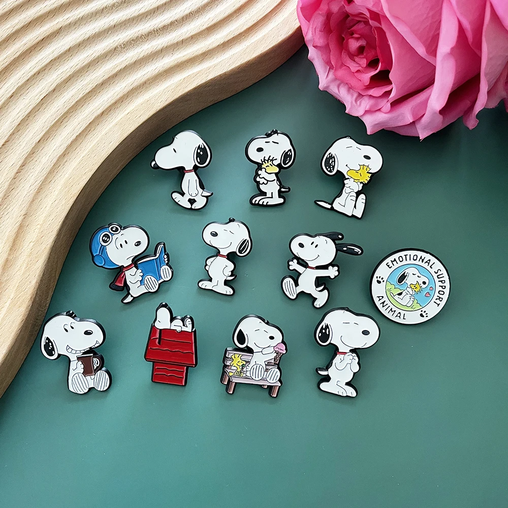 11Pcs Snoopy Enamel Pins Set Cute Cartoon White Dog Brooches Lapel Badges for Backpack Creative Gift for Friends