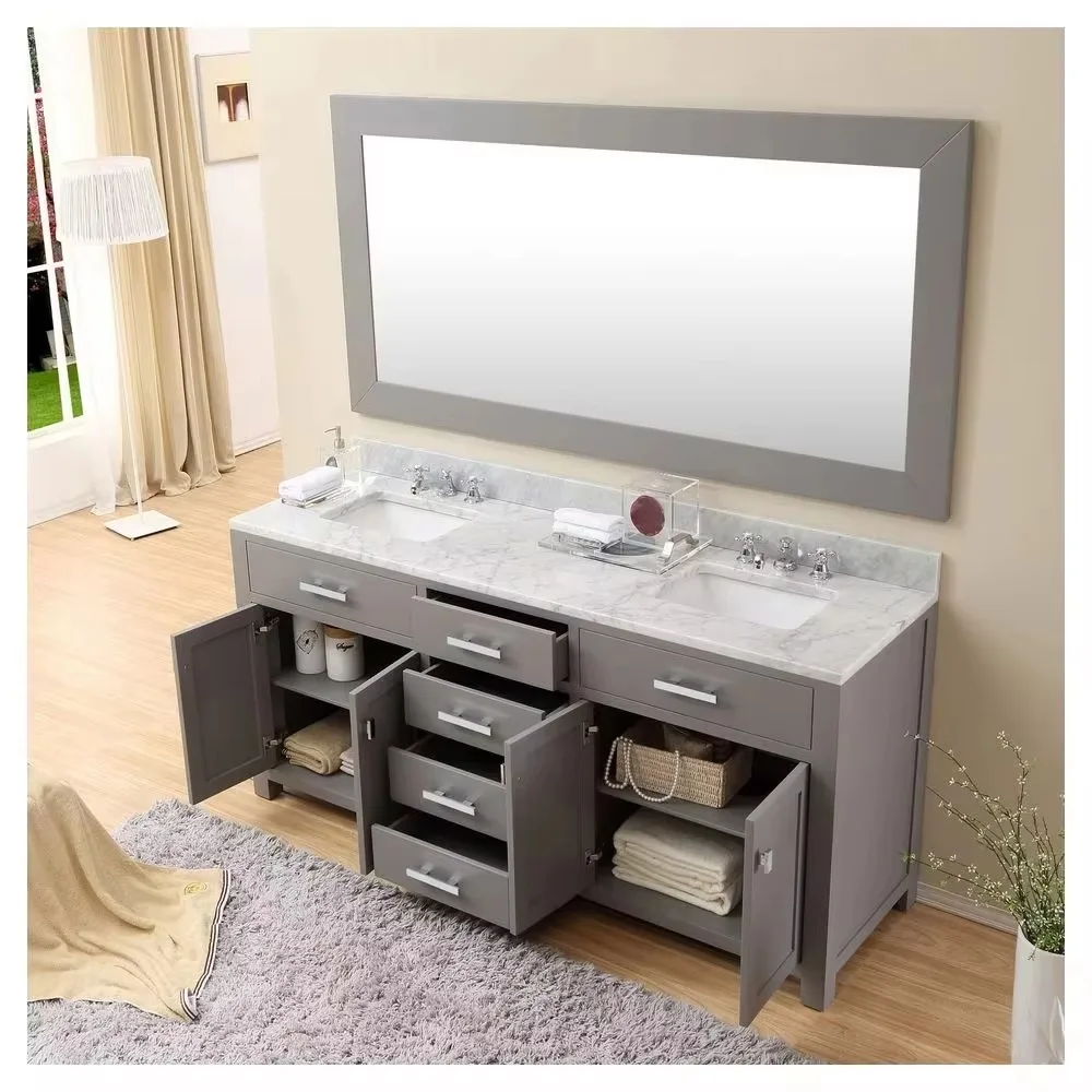 Modern Style Bathroom Vanity Wooden Base Cabinet Washbasin Sink and Marble Top with Mirror for Hotel