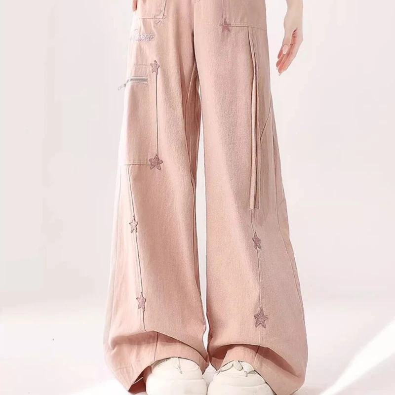 Pink Embroidered Jeans Women's Summer Slim Vintage Cargo Wide-leg Pants