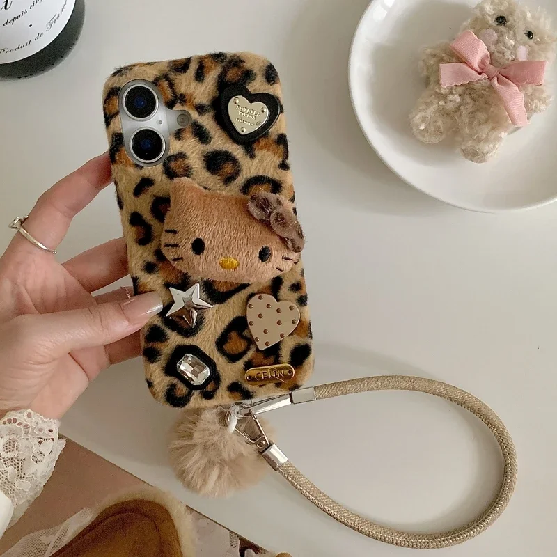 3D Cute Sanrio Y2K Hello Kitty Leopard Print Furry Plush Phone Case For iPhone 16 Pro 15 14 13 12 Pro Max Winter Warm Soft Cover