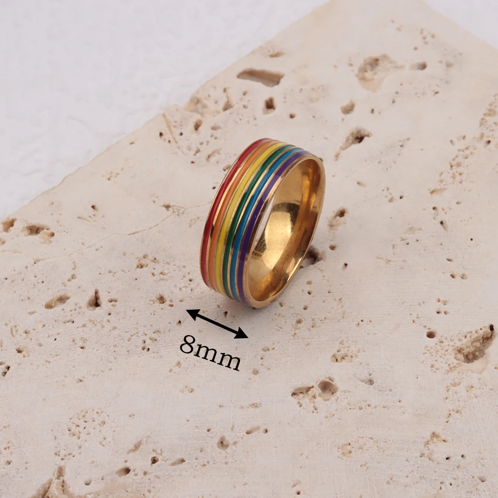 30pcs Wholesale 6 Row Color Enamel Waterproof Men Ring Rainbow Stripe Stainless Steel Ring For Women Colorful Band Ring Lovers G