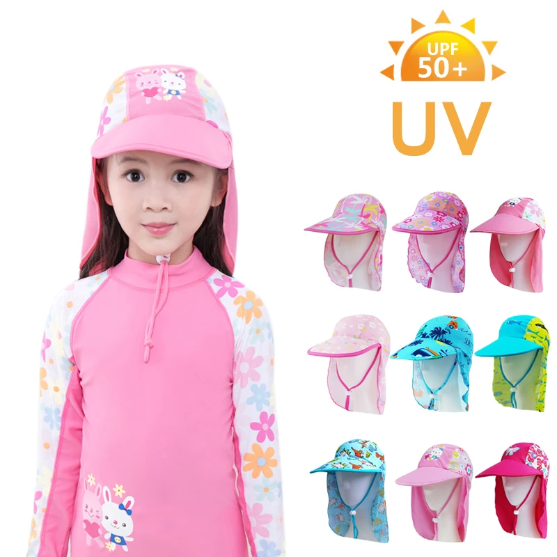 Kids Children Summer UPF 50+ UV Protection Outdoor Beach Baby Sun Hat Boy Girl Swim Cover Flap Cap Adjustable Cap Swimwear