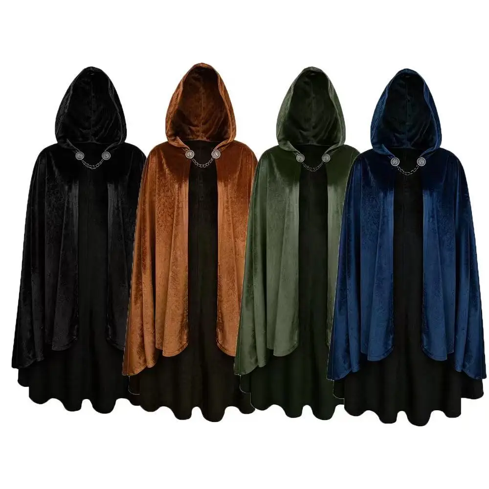 2026 New Suede Hooded Cloak for Men Women European Medieval HobbitQueen Cape Halloween Party Street Elf Wizard Cosplay Gown Robe