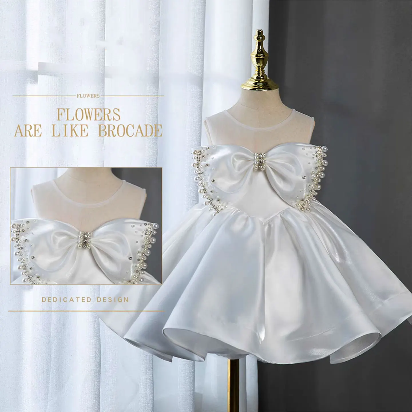 Dreamy Vow Elegant White Girl Dress Sleeveless Satin Embroidered for Kids Toddler 1st Birthday Party Knee Length Ball Gown J341