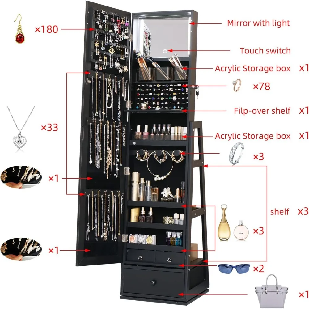 Mobiletto portagioie a specchio a figura intera In piedi, con specchio incorporato-con 3 cassetti, con 3 portaoggetti, specchio portaoggetti con serratura