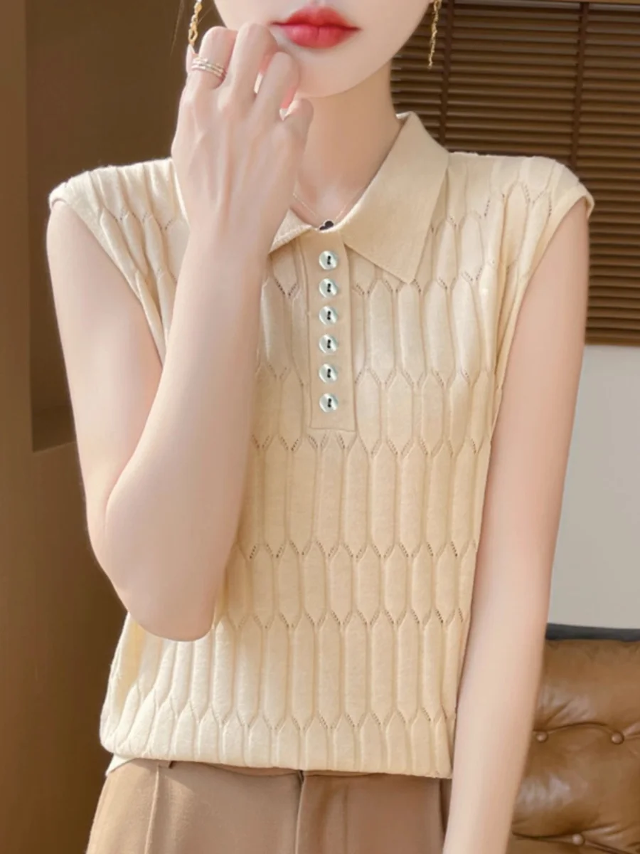 

Early Spring 2025 Women's Knitted Wool Blend Hollow out Ne Vest Svel Base irt Simple Sle Regular Fit