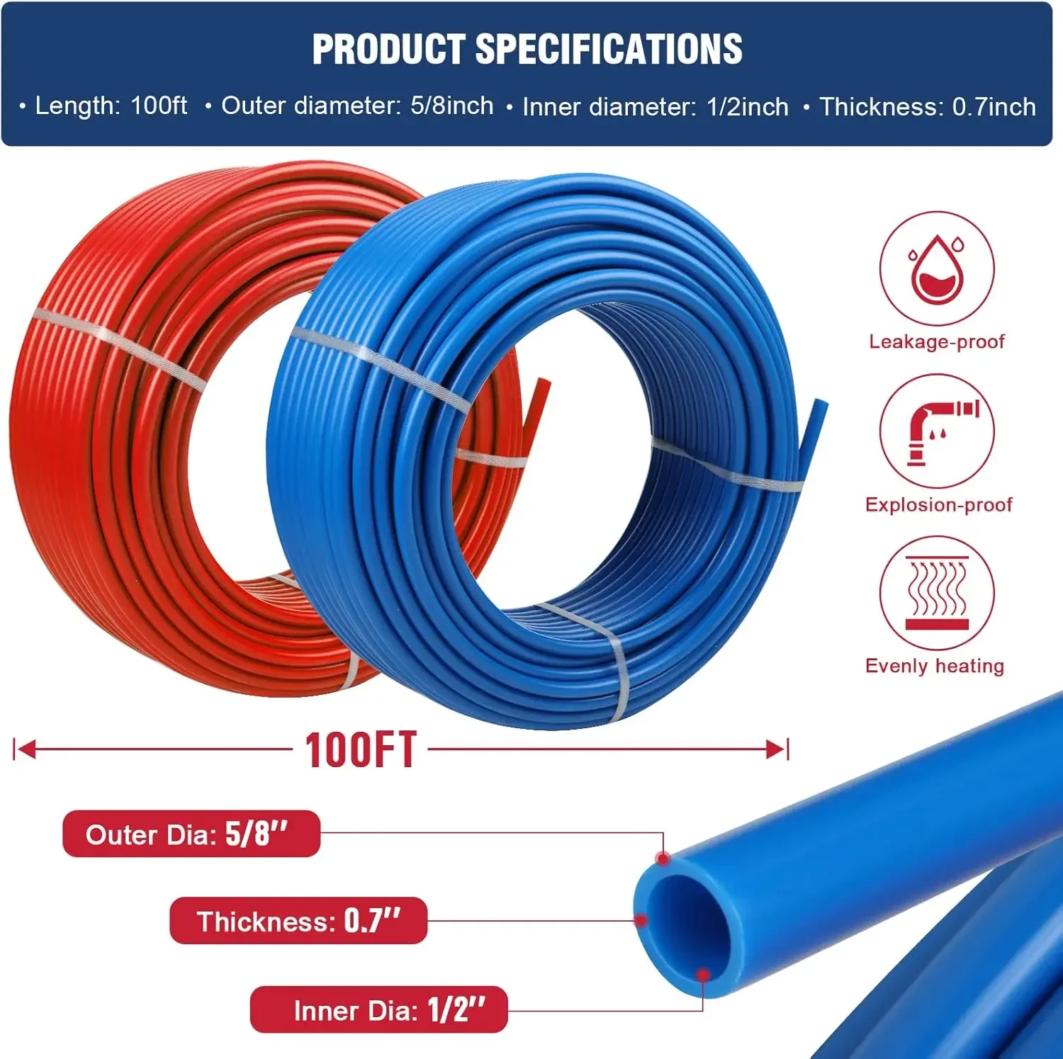 PEX Pipe 1/2 Inch 100ft 2 Rolls PEX Tubing EVOH PEX-B Pipe Non Oxygen Barrier Durable Leakage-Proof Flexible   (Red+Blue)