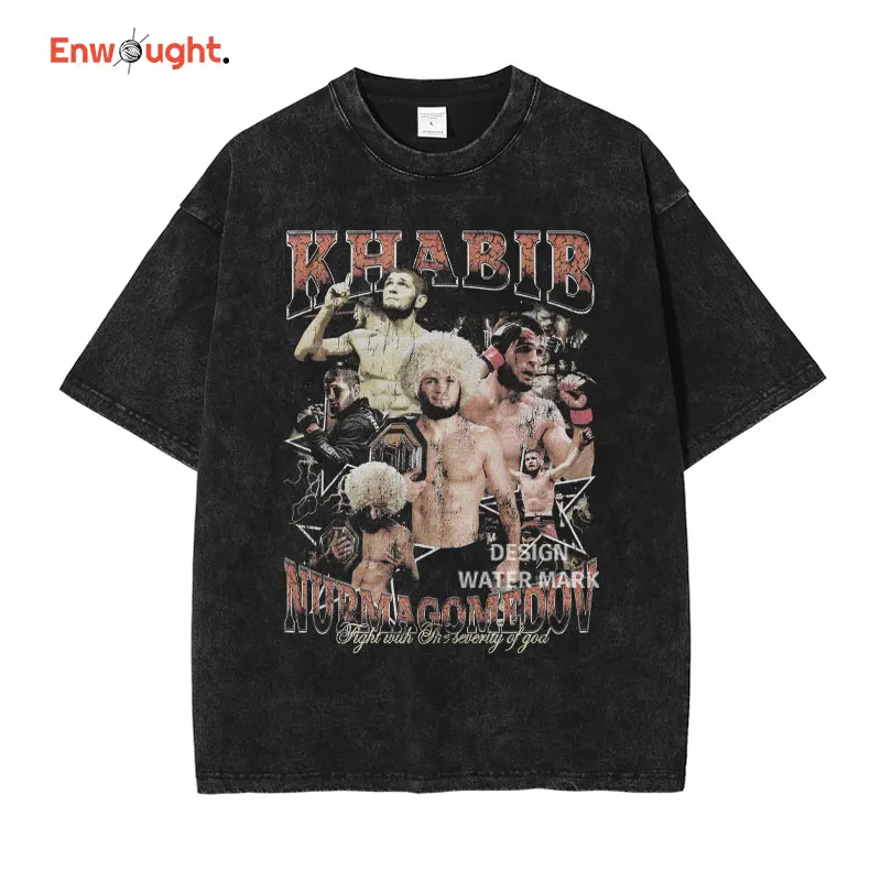 Khabib T Shirt Boxing Champion Y2K Vintage Washed Short Sleeve Oversized T-shirt Harajuku Sweatshirt Tops Tees Men 100% Cotton