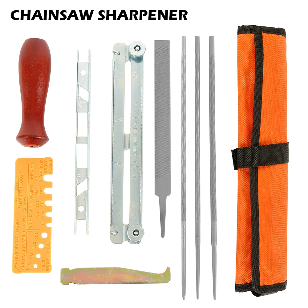 10Pcs Set Professional Chainsaw Chain Sharpening Kit Tool Hardwood Handle Round/Flat File Guide Bar File Sharpener Tool Woodwork