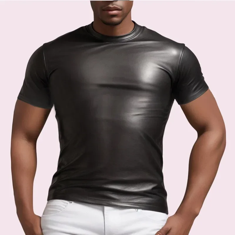 

Men's Sexy Matte Faux Leather Round Neck T-shirt Vest Male Stretch Undershirt Casual PU Streetwear Muscle Tight Top New Custom