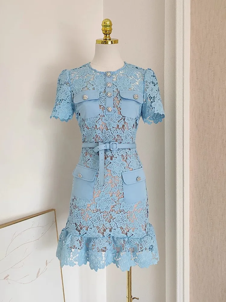 

Quality Runway Summer Holiday Blue Floral Embroidery Lace Short Dress For Women Diamonds Buttons Belt Party Ruffles Vestidos