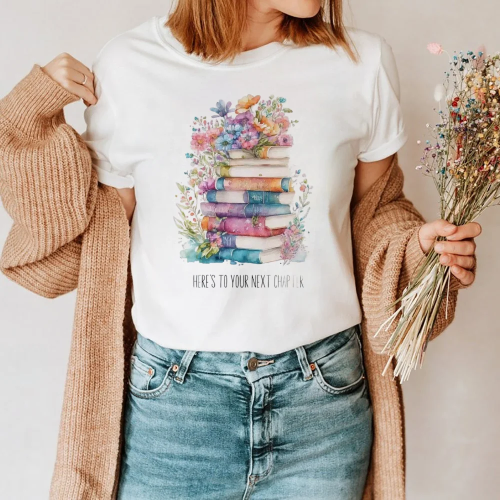 Short Sleeved Floral Book Printed Pattern Top T-Shirt Cute 90s Fashion Plus Size Simple Casual Women's Trendy Versatile T-Shirt