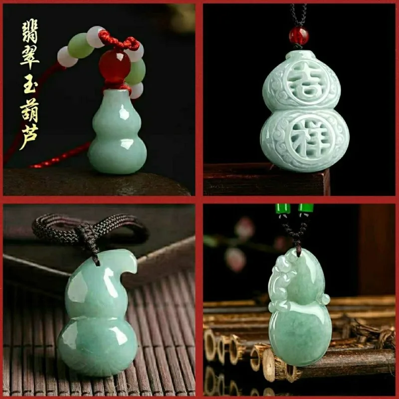 Natural Naked Jade Floating Emerald Gourd Pendant Jade Pendant Ice Flo Necklace for Men and Women