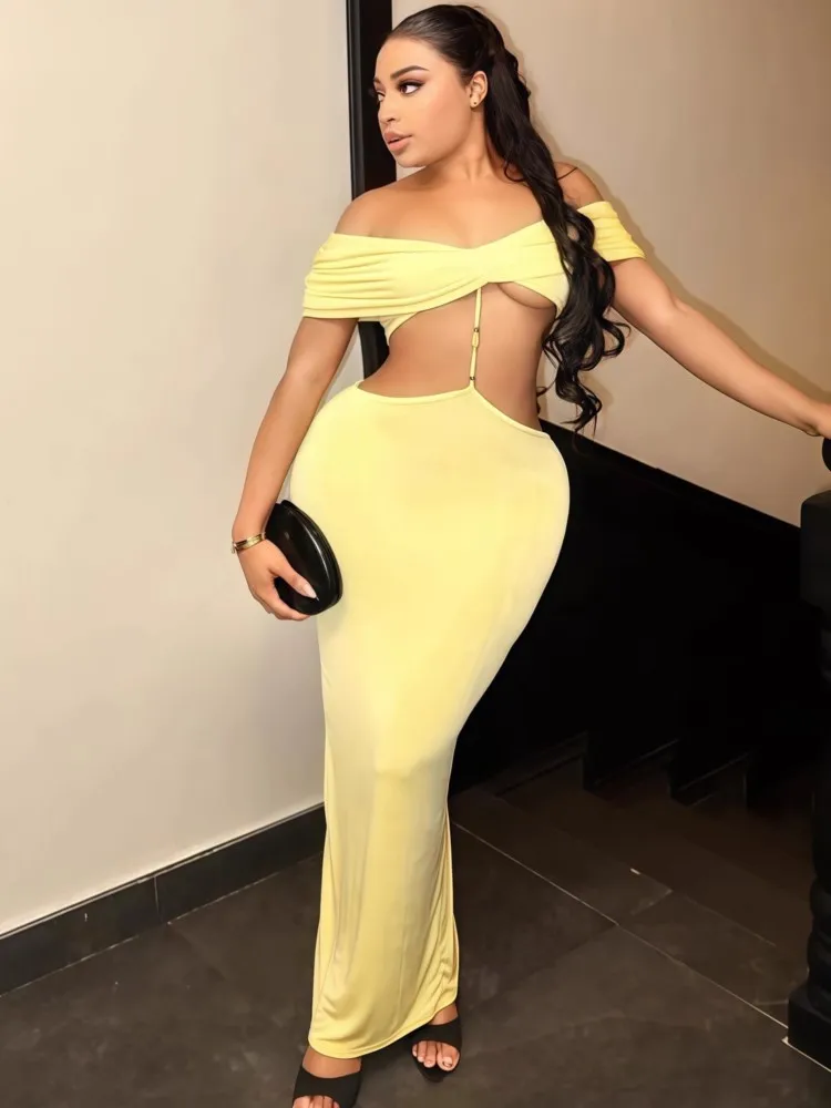 فستان بدون أكتاف للنساء خريفي بأكمام قصيرة بلون سادة فساتين مثيرة أنيقة للحفلات المسائية نحيفة قابلة للتمدد ماكسي Bodycon