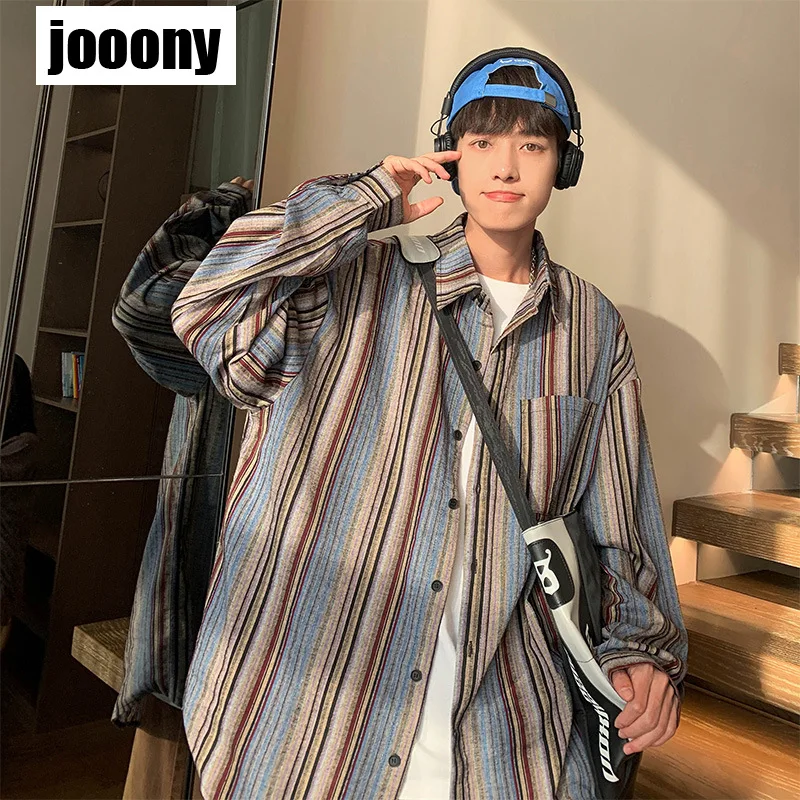 Korean Versatile Retro Loose Casual High Street Jackets Men Shirts Male Clothes Spring Summer Vertical Strip Long-sleeved Shirt