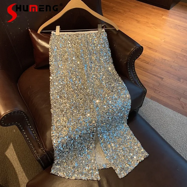 

Sequined Sheath Skirt Women's Summer High Waist Slimming Straight Long Skirt Design Pure Desire Hot Girl Shiny Pearl Skirt