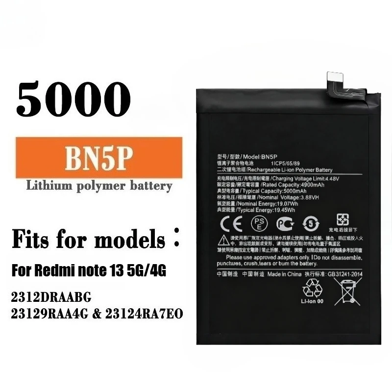 New BN5P 3.89V 5000mAh Battery BN5P For XIAOMI REDMI NOTE 13 5G/NOTE 13 4G Battery +Tools
