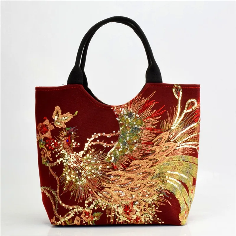 Shiny Sequins Peacock Embroidered Women Canvas Totes Bag, Summer Shopping Shoulder Bag Vintage Beaded String Handbag Black